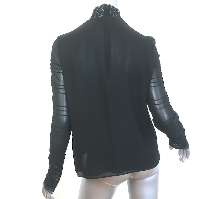 Giambattista Valli Crochet Lace-Trim Blouse Black Silk Size 42 Long Sleeve Top