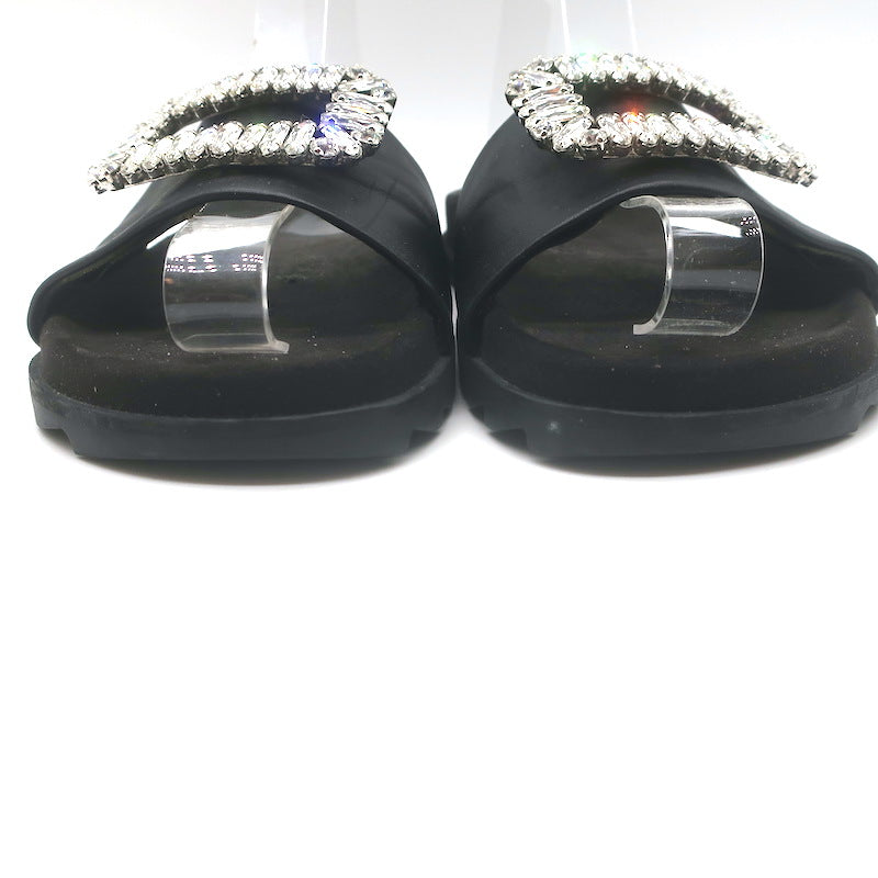 Roger Vivier Crystal-Embellished Flat Slide Sandals Black Leather Size 39