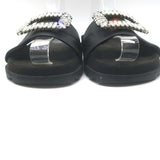 Roger Vivier Crystal-Embellished Flat Slide Sandals Black Leather Size 39