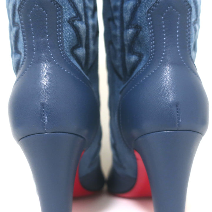 Christian Louboutin Santiabooty Western Boots Blue Denim &amp; Leather Size 36 NEW