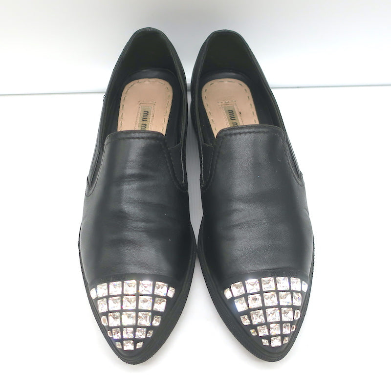 Miu Miu Crystal Cap Toe Slip-On Sneakers Black Leather Size 37.5