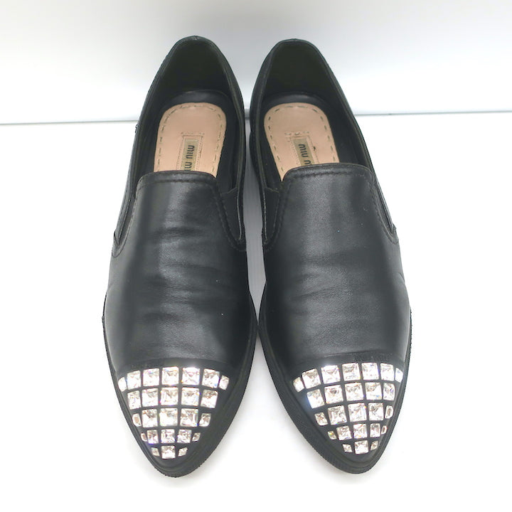 Miu Miu Crystal Cap Toe Slip-On Sneakers Black Leather Size 37.5