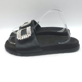 Roger Vivier Crystal-Embellished Flat Slide Sandals Black Leather Size 39