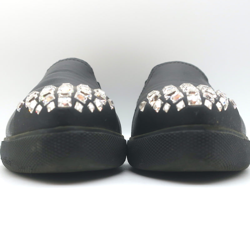 Miu Miu Crystal Cap Toe Slip-On Sneakers Black Leather Size 37.5