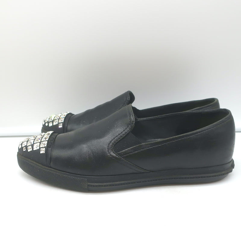 Miu Miu Crystal Cap Toe Slip-On Sneakers Black Leather Size 37.5