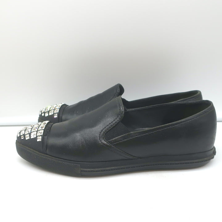 Miu Miu Crystal Cap Toe Slip-On Sneakers Black Leather Size 37.5