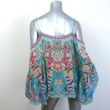 Camilla Festival Friends Cold Shoulder Blouse Blue Printed Silk Size Large