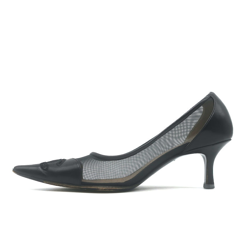 Vintage Chanel CC-Embroidered Cap Toe Pumps Black Mesh &amp; Leather Size 36