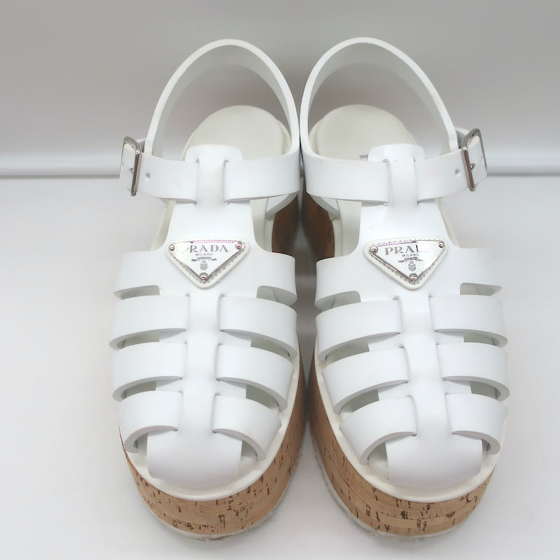 Prada Cork Platform Fisherman Sandals White Rubber Size 38