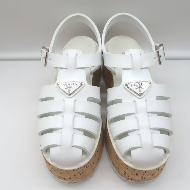 Prada Cork Platform Fisherman Sandals White Rubber Size 38