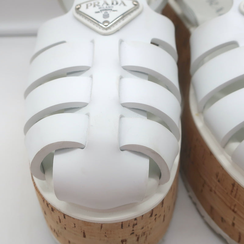 Prada Cork Platform Fisherman Sandals White Rubber Size 38