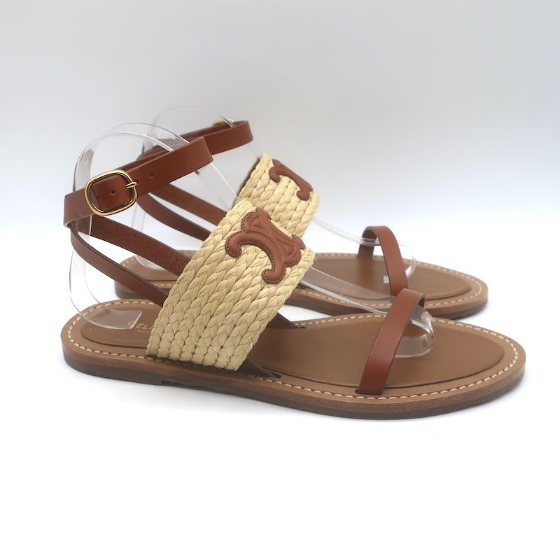 Celine Triomphe Raffia &amp; Leather Flat Ankle Strap Sandals Brown Size 40