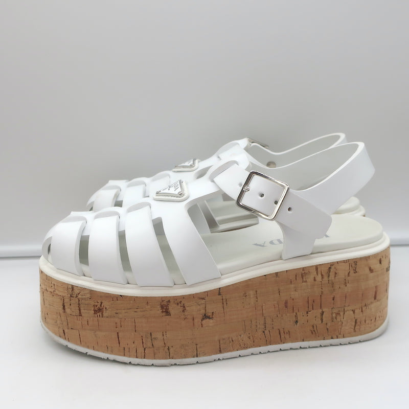 Prada Cork Platform Fisherman Sandals White Rubber Size 38