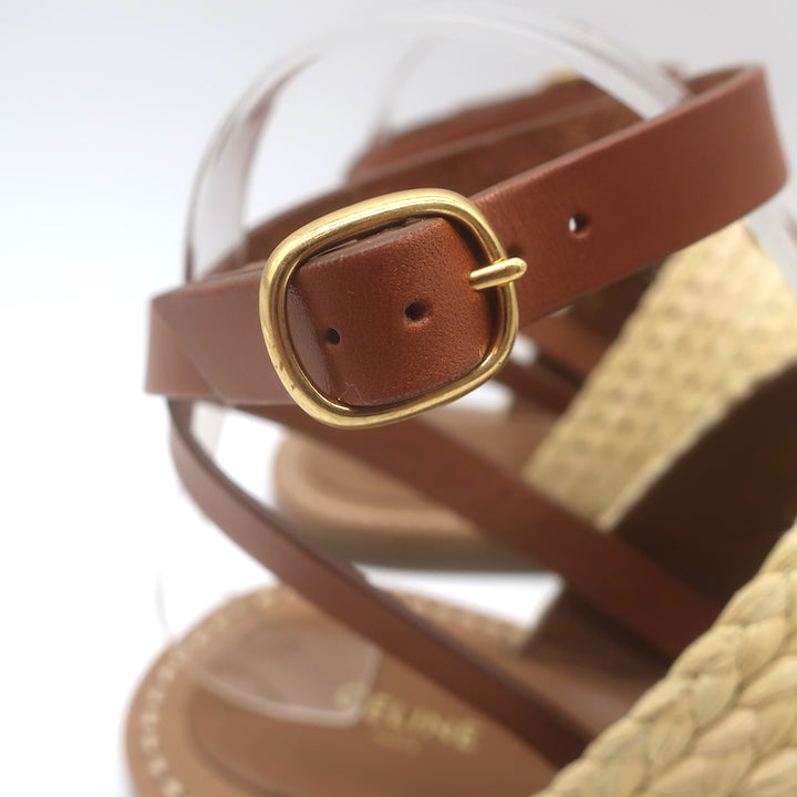 Celine Triomphe Raffia &amp; Leather Flat Ankle Strap Sandals Brown Size 40