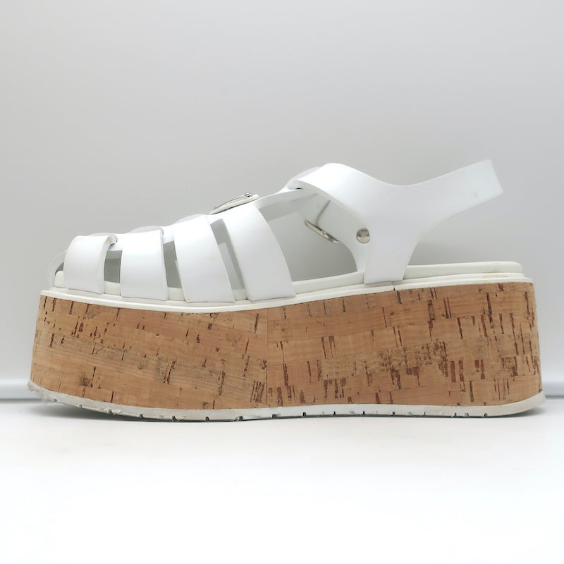 Prada Cork Platform Fisherman Sandals White Rubber Size 38