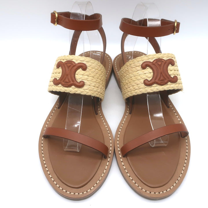 Celine Triomphe Raffia &amp; Leather Flat Ankle Strap Sandals Brown Size 40