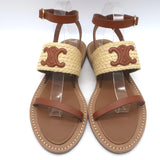 Celine Triomphe Raffia & Leather Flat Ankle Strap Sandals Brown Size 40