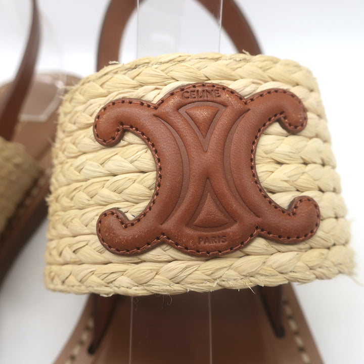 Celine Triomphe Raffia &amp; Leather Flat Ankle Strap Sandals Brown Size 40