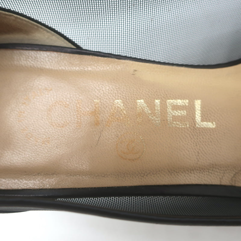 Vintage Chanel CC-Embroidered Cap Toe Pumps Black Mesh &amp; Leather Size 36