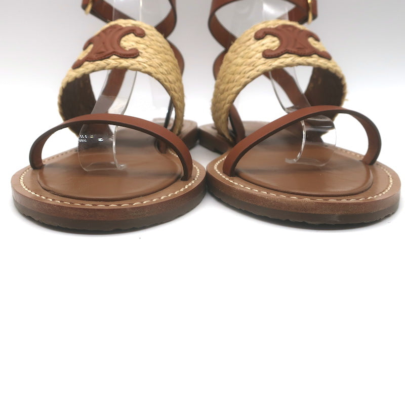 Celine Triomphe Raffia &amp; Leather Flat Ankle Strap Sandals Brown Size 40