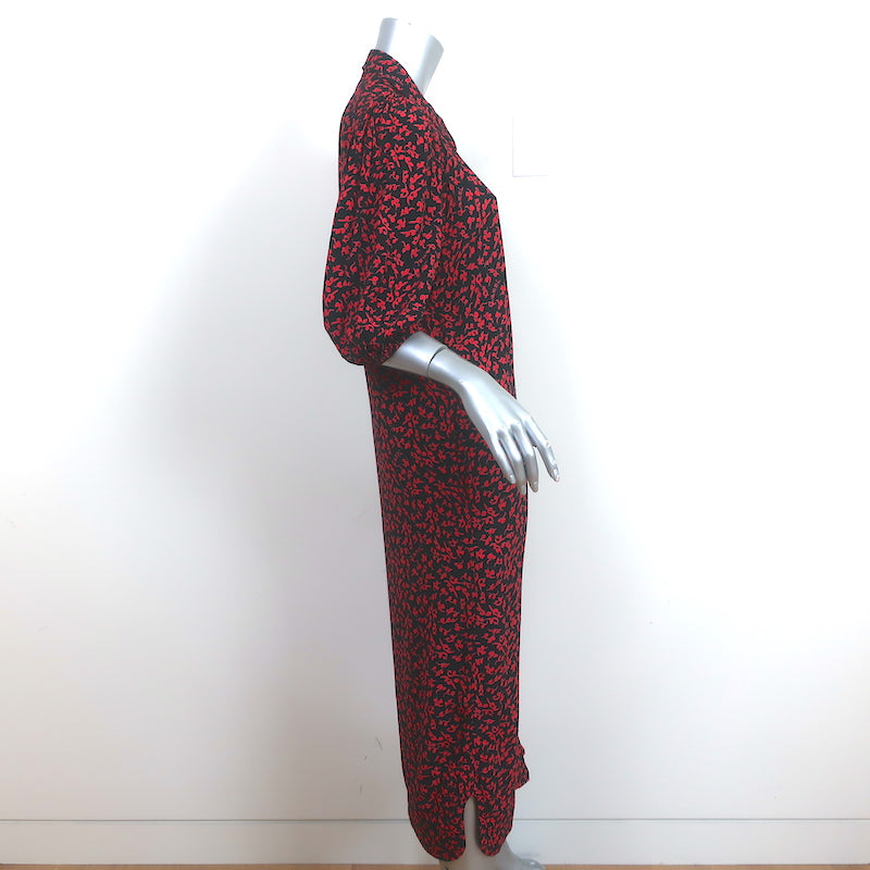 Ganni Shirtdress Black &amp; Red Vine Print Crepe Size 38 Short Sleeve Midi Dress