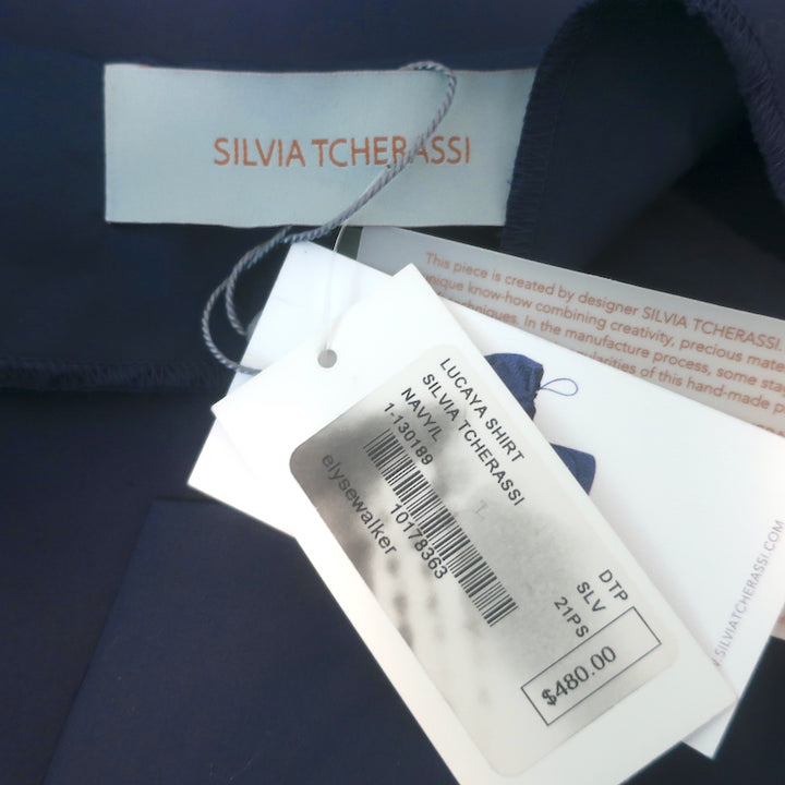 Silvia Tcherassi Lucaya Puff Sleeve Blouse Navy Cotton Size Large NEW