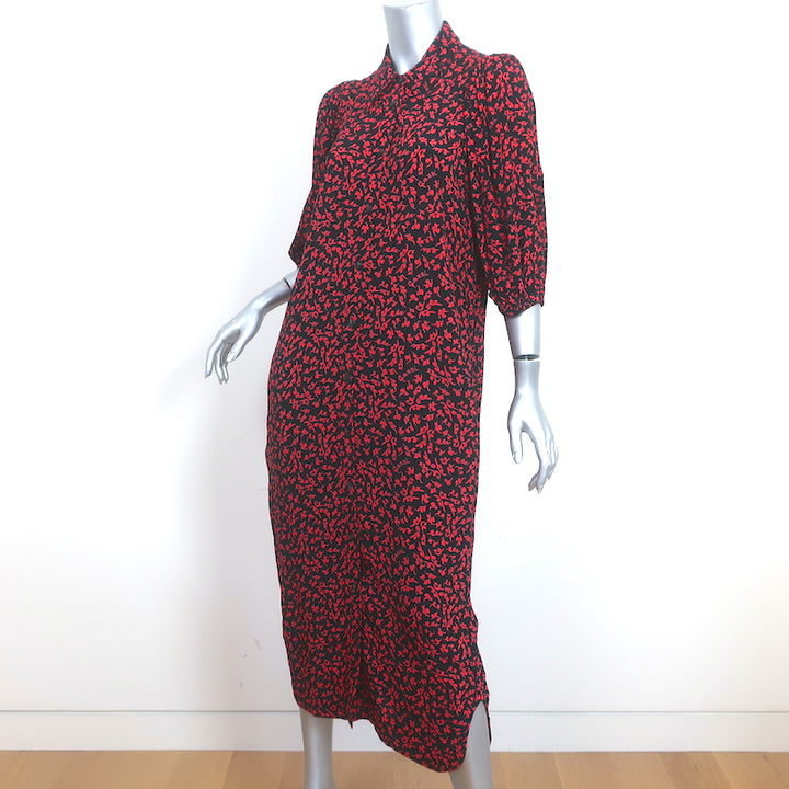 Ganni Shirtdress Black &amp; Red Vine Print Crepe Size 38 Short Sleeve Midi Dress