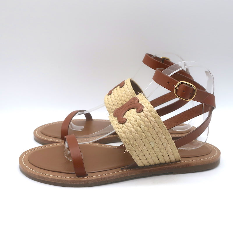 Celine Triomphe Raffia &amp; Leather Flat Ankle Strap Sandals Brown Size 40