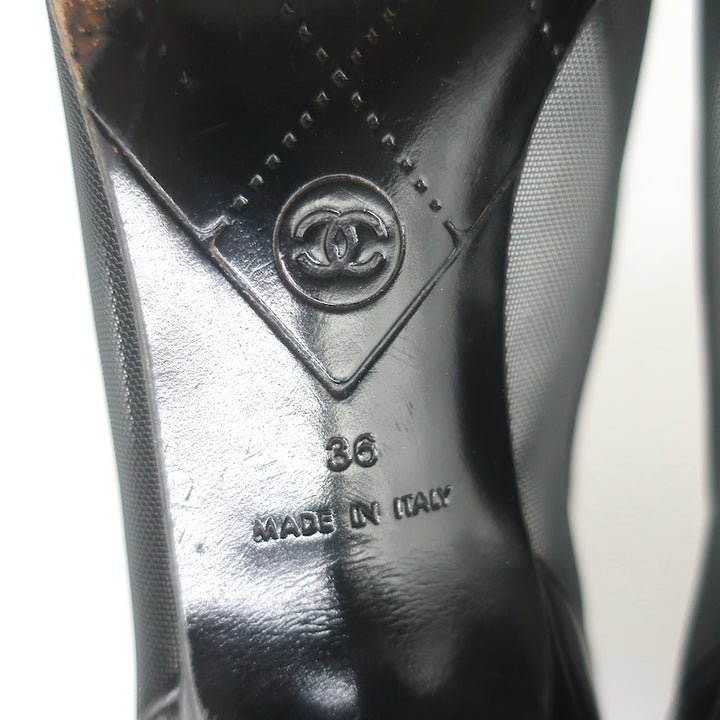 Vintage Chanel CC-Embroidered Cap Toe Pumps Black Mesh &amp; Leather Size 36