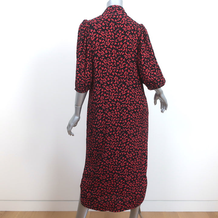 Ganni Shirtdress Black &amp; Red Vine Print Crepe Size 38 Short Sleeve Midi Dress