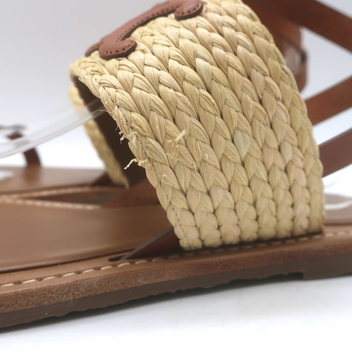 Celine Triomphe Raffia &amp; Leather Flat Ankle Strap Sandals Brown Size 40