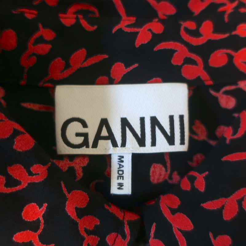 Ganni Shirtdress Black &amp; Red Vine Print Crepe Size 38 Short Sleeve Midi Dress