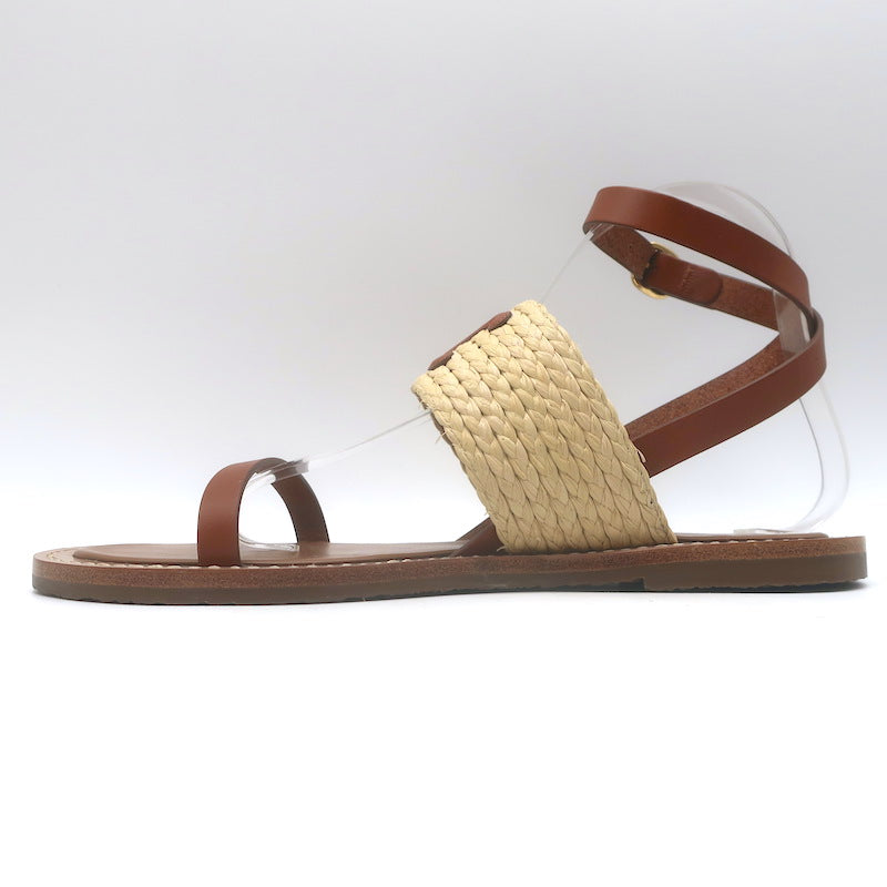 Celine Triomphe Raffia &amp; Leather Flat Ankle Strap Sandals Brown Size 40