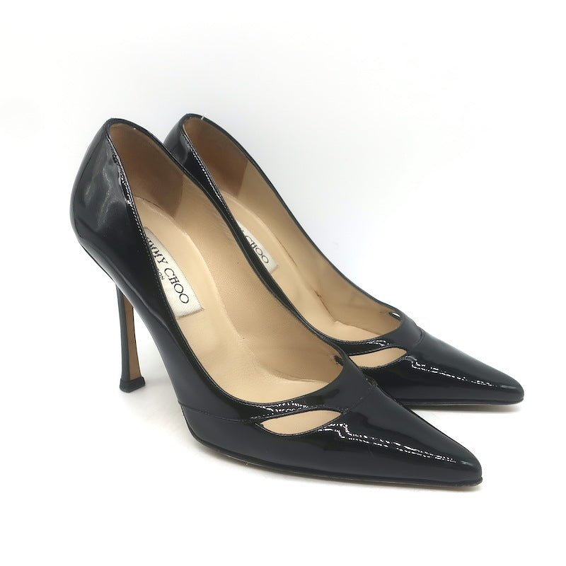 Jimmy Choo Margo Cutout Pointed Toe Pumps Black Patent Leather Size 36