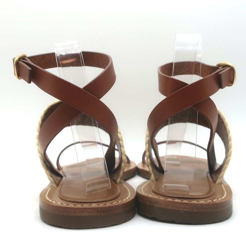 Celine Triomphe Raffia &amp; Leather Flat Ankle Strap Sandals Brown Size 40