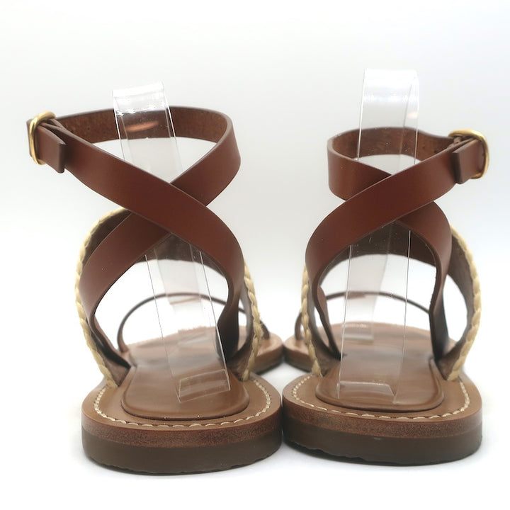 Celine Triomphe Raffia &amp; Leather Flat Ankle Strap Sandals Brown Size 40