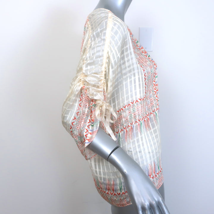 Chloe Ruched-Sleeve Blouse Ivory Printed Windowpane Check Silk Size 36