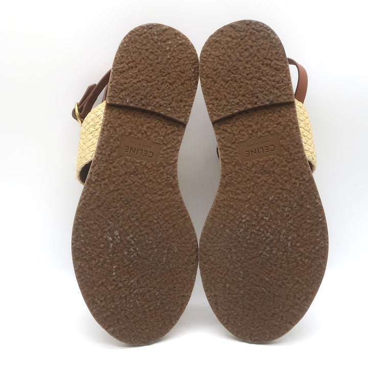 Celine Triomphe Raffia &amp; Leather Flat Ankle Strap Sandals Brown Size 40