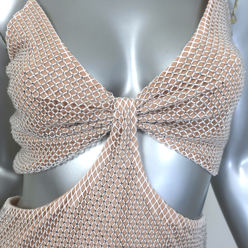 Alice + Olivia Havana Cut-Out Crystal Fishnet Maxi Dress Silver Size 6
