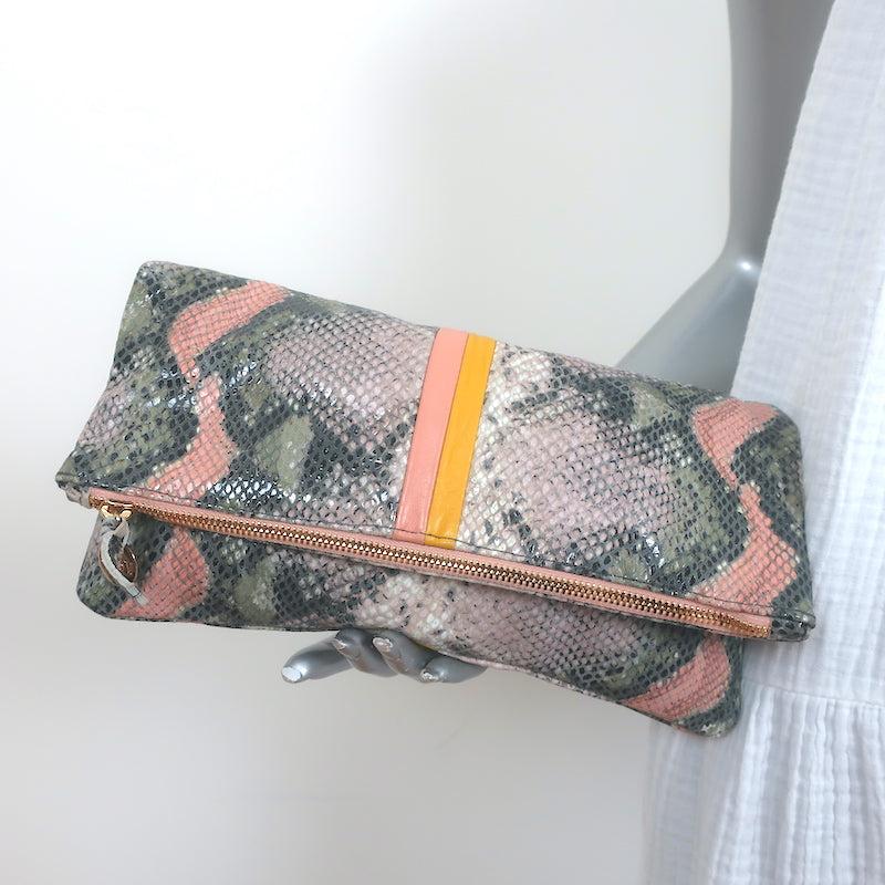 Clare Stripe Foldover Clutch Sage/Pink Snake-Embossed Leather