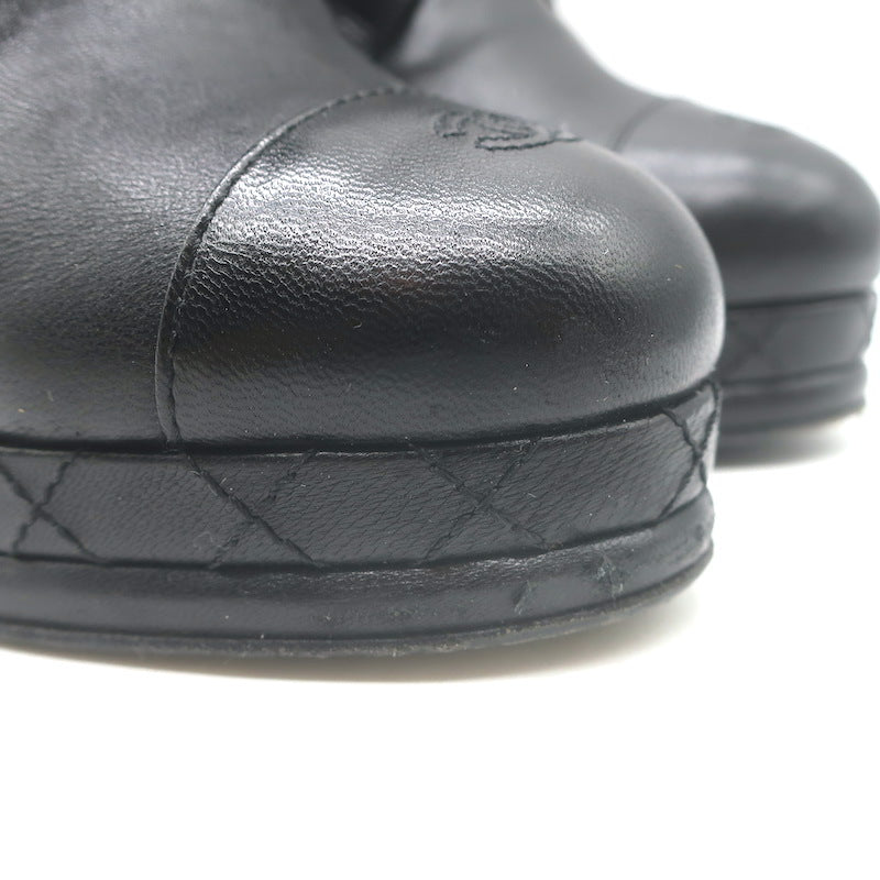 Chanel CC Cap Toe Quilted-Platform Lace-Up Booties Black Leather Size 40