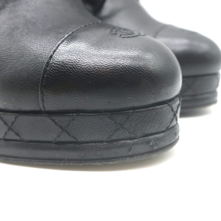Chanel CC Cap Toe Quilted-Platform Lace-Up Booties Black Leather Size 40