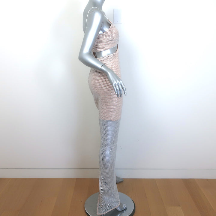 Alice + Olivia Havana Cut-Out Crystal Fishnet Maxi Dress Silver Size 6