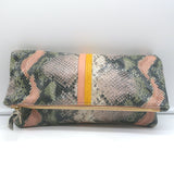 Clare V. Stripe Foldover Clutch Sage/Pink Snake-Embossed Leather
