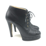 Chanel CC Cap Toe Quilted-Platform Lace-Up Booties Black Leather Size 40