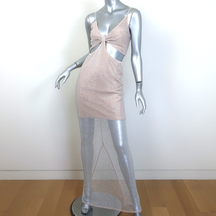 Alice + Olivia Havana Cut-Out Crystal Fishnet Maxi Dress Silver Size 6