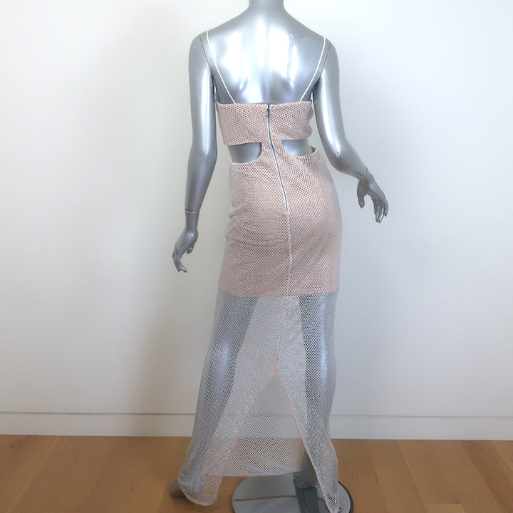Alice + Olivia Havana Cut-Out Crystal Fishnet Maxi Dress Silver Size 6
