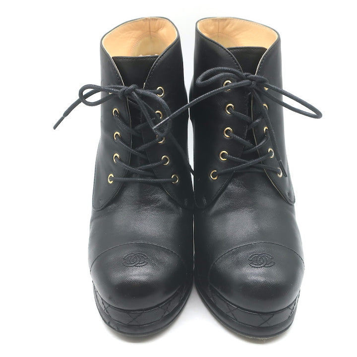Chanel CC Cap Toe Quilted-Platform Lace-Up Booties Black Leather Size 40