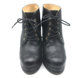 Chanel CC Cap Toe Quilted-Platform Lace-Up Booties Black Leather Size 40
