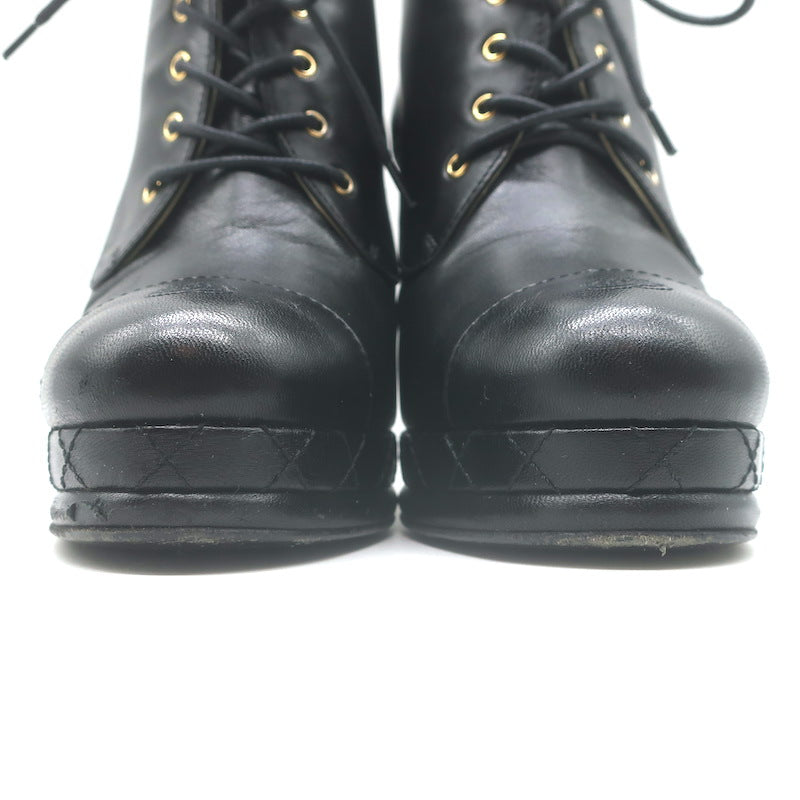 Chanel CC Cap Toe Quilted-Platform Lace-Up Booties Black Leather Size 40